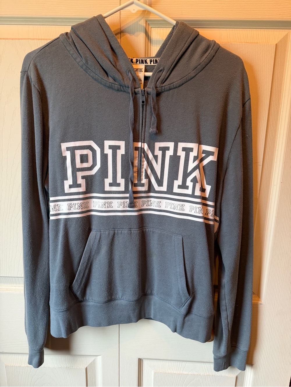 PINK Victoria's Secret Charcoal Gray Half-Zip Hoodie with White Logo